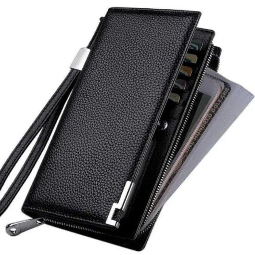 New Long Black Leather Wallet for Men Zippered Leather Wallet RFID - Picture 4 of 12